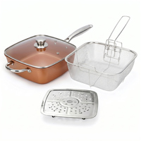 Ensemble de 4 ustensiles de cuisson multifonctionnels en cuivre et aluminium forgé, compatibles induction et gaz, comprenant une poêle à frire profonde, une poêle à frire, une cuve à vapeur et un panier de cuisson avec couvercle en verre