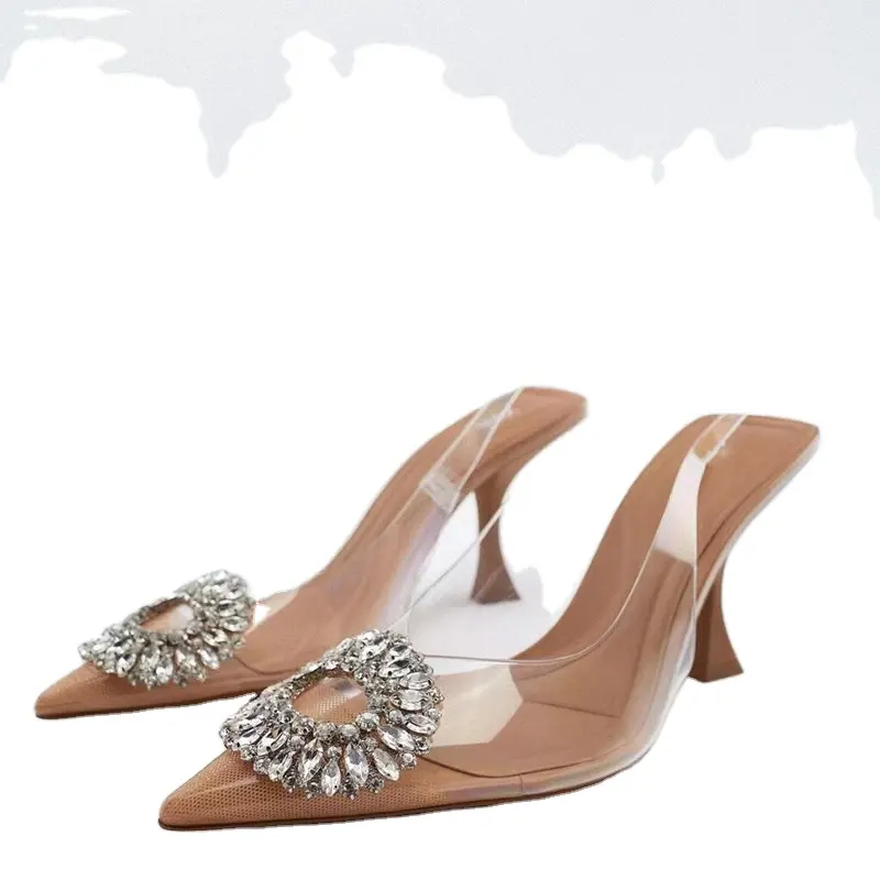 2022 New fashion women's shoes pointed toe thin heel transparent rhinestone PVC high-heeled sandals