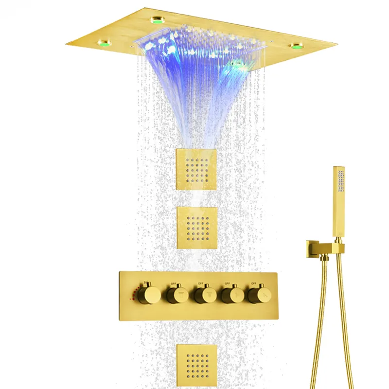 Матовая Золотая термостатическая дождевая Душевая система, 14X20 дюймов, Светодиодная насадка для душа «Водопад», смеситель для ванны