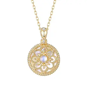 Kalung liontin bunga koin bulat cangkang batu bulan berlapis emas 14k kalung mode antik rantai kerah untuk wanita