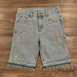 Stile estivo personalizzato di alta qualità Shorts in Denim con diamanti da uomo Vintage Casual Hip Hop larghi lavati con orlo grezzo e strass - Product Image 2