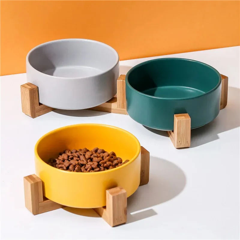 Atacado Pet Cat Dog Food Bowl Cerâmica Levantada multi cores cerâmica moldura de madeira pet cat dog tigela