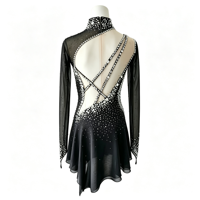 Costume de patinage artistique noir à col montant, manches longues, dos en maille croisée, robe ornée de strass pour filles et adultes, performance sur glace