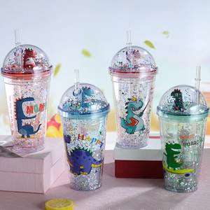 Bouteille d'eau en plastique à double paroi avec paille, motif <span class=keywords><strong>dinosaure</strong></span> de dessin animé mignon pour enfants - Product Image 1