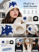 Bonnet en tricot jacquard Pixel Cat unisexe, style décontracté, chaud pour l'hiver, motif chat mignon, streetwear