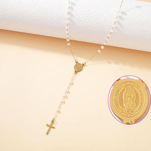 Collar con Colgante de Rosario Cristiano de Cuentas de Cristal y Dijes de Cruz Bañado en Oro de 18K, Joyería Religiosa de Acero Inoxidable a la Moda al por Mayor - Product Image 5