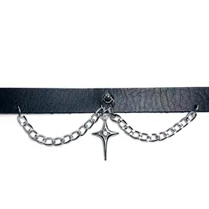 Collier ras du cou Harajuku sexy noir gothique punk avec croix <span class=keywords><strong>étoile</strong></span> à quatre branches, chaîne en cuivre et bambou pour femme, style hip-hop cosplay - Product Image 1