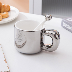 Sáng Tạo Sang Trọng Sliver Mạ Xử Lý 380Ml 12Oz Ăn Sáng Sữa Cốc Sứ Cốc Cà Phê Nửa Cốc Cốc Cốc Với Máy Trộn Thanh - Product Image 5