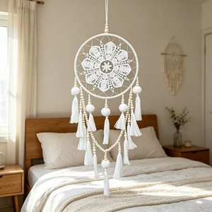 Atrapasueños Redondo de Poliéster Blanco con Borlas, Estilo Campestre, Tejido a Mano, Decoración para Colgar en la Pared - Product Image 5