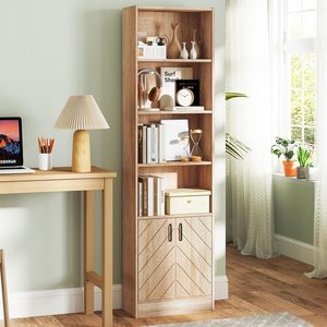 Estantería de 6 niveles de 71 pulgadas de Mid Century con puertas dobles, 4 cubos abiertos y <span class=keywords><strong>3</strong></span> estantes ajustables para un almacenamiento versátil - Product Image 1