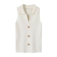 Gilet pull décontracté pour femme, col en V, sans manches, tricoté, avec fermeture à bouton unique
