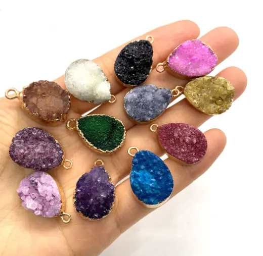 Natural Quartz Agate Druzy stone pendant charms DIY gemstone round waterdrop cross moon star Necklace jewelry accessories