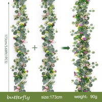 Lot de 2 guirlandes artificielles en soie d'eucalyptus de 1,72 m, fausse vigne en tissu avec fleurs et papillons pour décoration murale de mariage et de maison