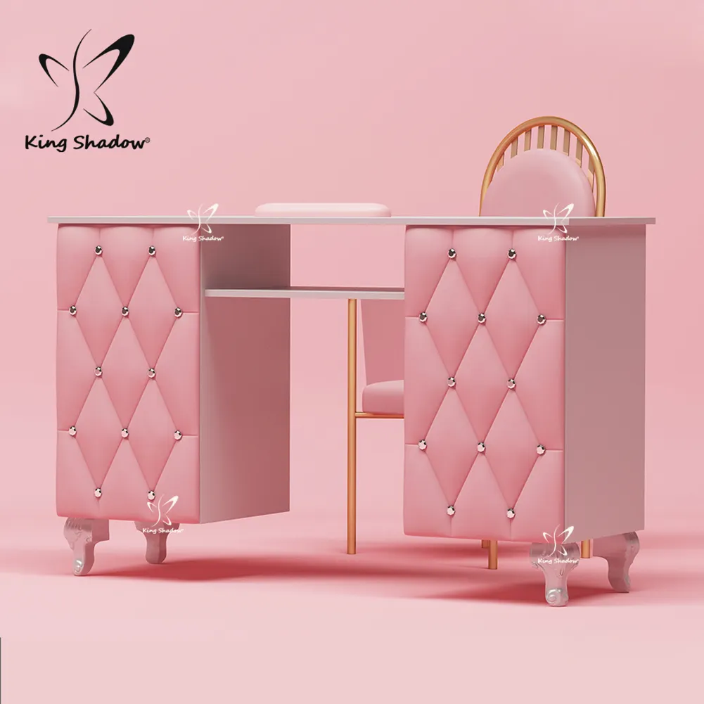 Mesa de escritorio de manicura rosa, muebles de salón de uñas de Metal de estilo moderno con ventilador, precio barato