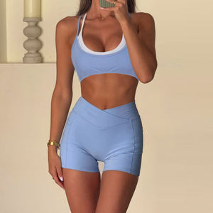 Women Contrast Color Two Piece Set Faux <b>Layered</b> Cami <b>Top</b> and Shorts Slim Fit Stretchy Bodycon Street Style Outfit - Product Image 1