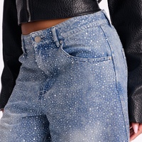 Shorts de mezclilla de cintura alta con pedrería, transpirables, de 14 pulgadas de entrepierna, lavado medio, corte holgado, estilo urbano, con bolsillos, para verano