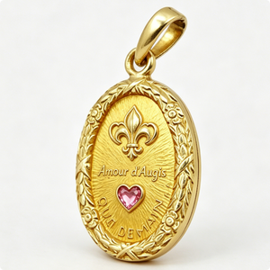 Medalla Irregular Chapada Amour D'Augis con Corazón Rosa y Flor de Lis, Diseño Moderno con Relieve para el Día de San Valentín - Product Image 3