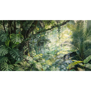 Mural de Pared Personalizable con Diseño Art Deco de Bosque Tropical Primitivo, Planta Gigante de Monstera y Palmera, Paisaje de Selva - Product Image 6