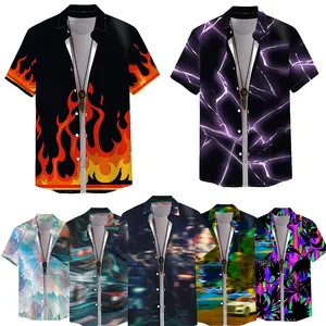 High Quality 2023 Men's T-shirts Button Down Short Sleeve Tops Fashion Striped Leaf Pattern Chest Pocket Hawaiian Shirt