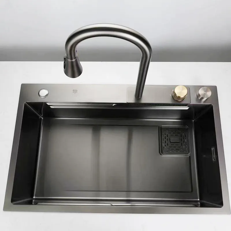 Évier de cuisine en acier inoxydable SS304 à monter sous le comptoir, cascade à un seul bol avec robinet