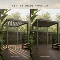 Pergola moderne intelligente en aluminium à lattes effet bois avec éclairage RGB contrôlable par application et capteur de pluie automatique