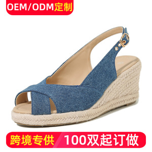Sandalias de cuña con punta abierta de mezclilla, correa trasera con hebilla, suela de paja, aumento de altura, zapatos de verano para mujer - Product Image 5