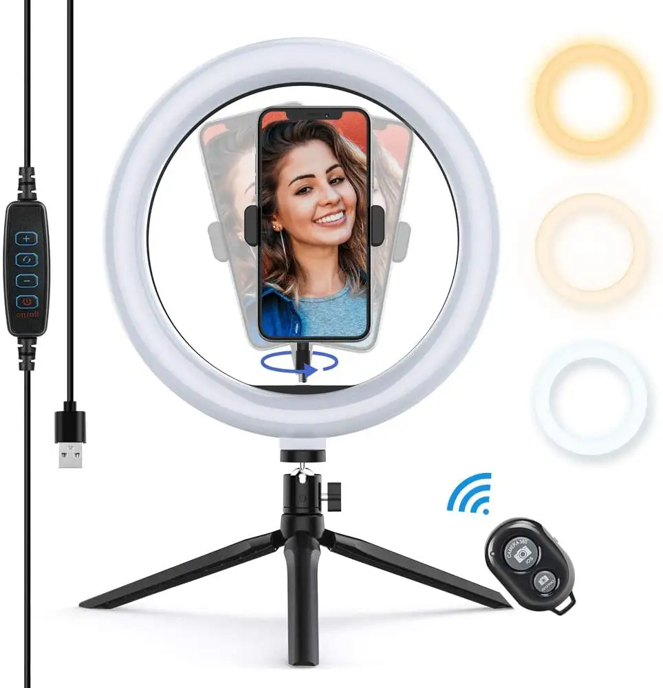 Shemax Desk Ring Light with Phone Tripod Stand Kit,18'' Selfie Circle Lights & Camera for iPhone Holder Shutter for Makeup