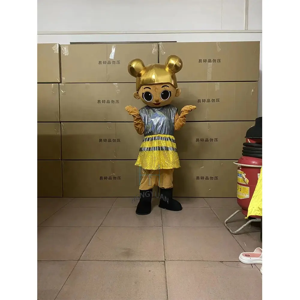 Hengyuan factory Real Pictures Gold Lol Girl Doll Mascot Costume Custom Movie Character Cartoon Mascot Costume For Party
