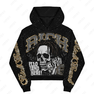 Sweat-shirt zippé vintage pour homme 100 % coton, coupe courte et carrée, style streetwear, imprimé, brodé, surdimensionné, effet vieilli, avec strass et délavé à l'acide - Product Image 2