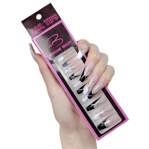 Kit de faux ongles en ABS préformés à presser, <span class=keywords><strong>forme</strong></span> <span class=keywords><strong>ballerine</strong></span> extra longue, couvrance totale, avec logo personnalisé, motif ligne dorée française - Product Image 2
