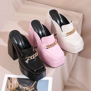 Work <b>Shoes</b> Pumps for Ladies Women Thick Heel Dress <b>Shoes</b> Platform Square Toe Women Sandals Slip-on Gold Chain Size 43 - Product Image 4