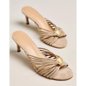 Summer Casual Strappy Stiletto <b>Heel</b> Sandals Women Open Round Toe slip on Heeled Sandals with Gold Detail and Pearl Mule Shoes - Product Image 4