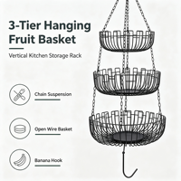 Panier de rangement pour fruits à 3 niveaux en fil métallique, panier mural pour fruits avec crochet pour bananes, pour cuisine et garde-manger