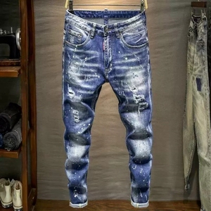 Jeans da uomo a vita media, larghi, in denim distressed - Pantaloni estivi in cotone intrecciato con schizzi di vernice, stile <span class=keywords><strong>boyfriend</strong></span> - Product Image 3