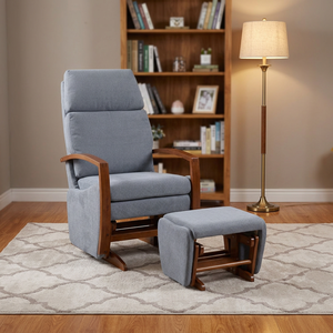 Fauteuil à bascule manuel en bois à bras unique, design moderne et écologique en bouclette grise, idéal pour la maison, le bureau, le salon et la chambre. - Product Image 1