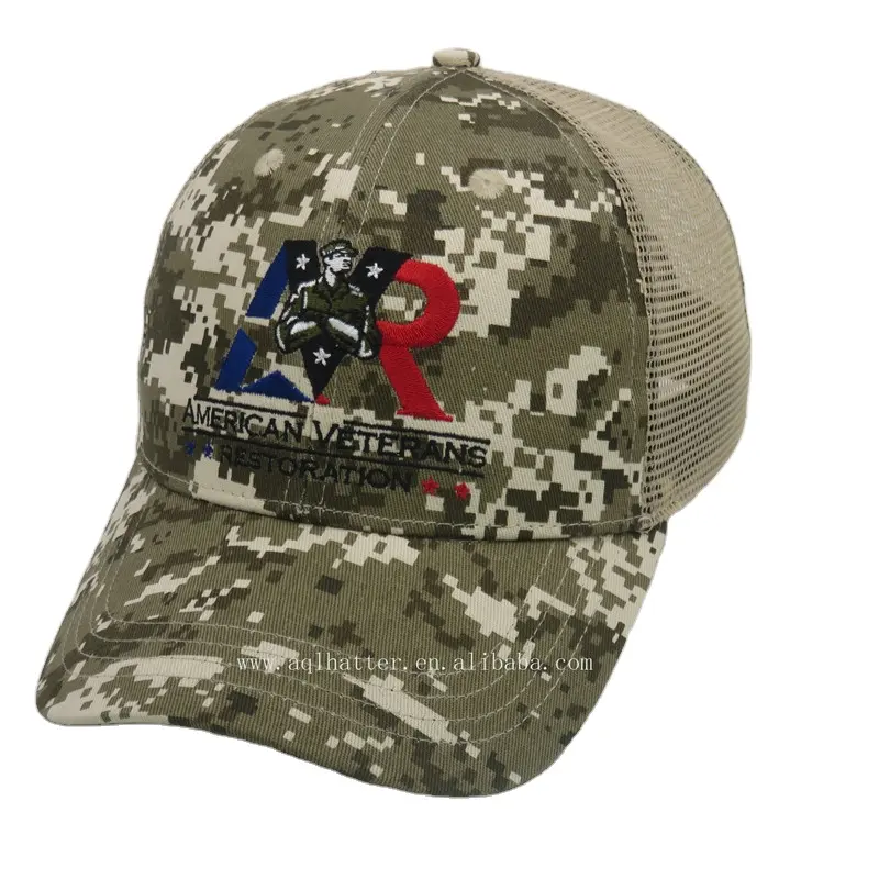 American 6 Panel Beige Cammo Hunting Trucker Cap Hats With Customized Embroidery Logo