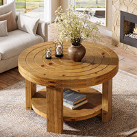 Table basse ronde à 2 niveaux en bois massif avec rangement, brun naturel à anneaux, style ferme, table d'appoint centrale pour salon