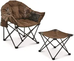 Oversized Folding Comfortable Club Camp Beach Chair Brown Outdoor Camping Chair with Foot Stool or Ottoman