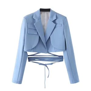 6 colorway candy color notched collar bottom lace up long sleeve casual fashion blazer for women