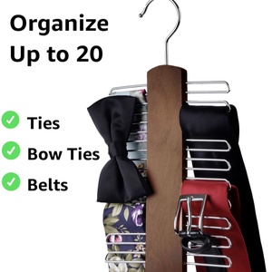 Premium Wooden Necktie and Belt <b>Hanger</b> Walnut Wood Center Organizer Storage Rack with Non-Slip Finish-20 Hooks - Product Image 3