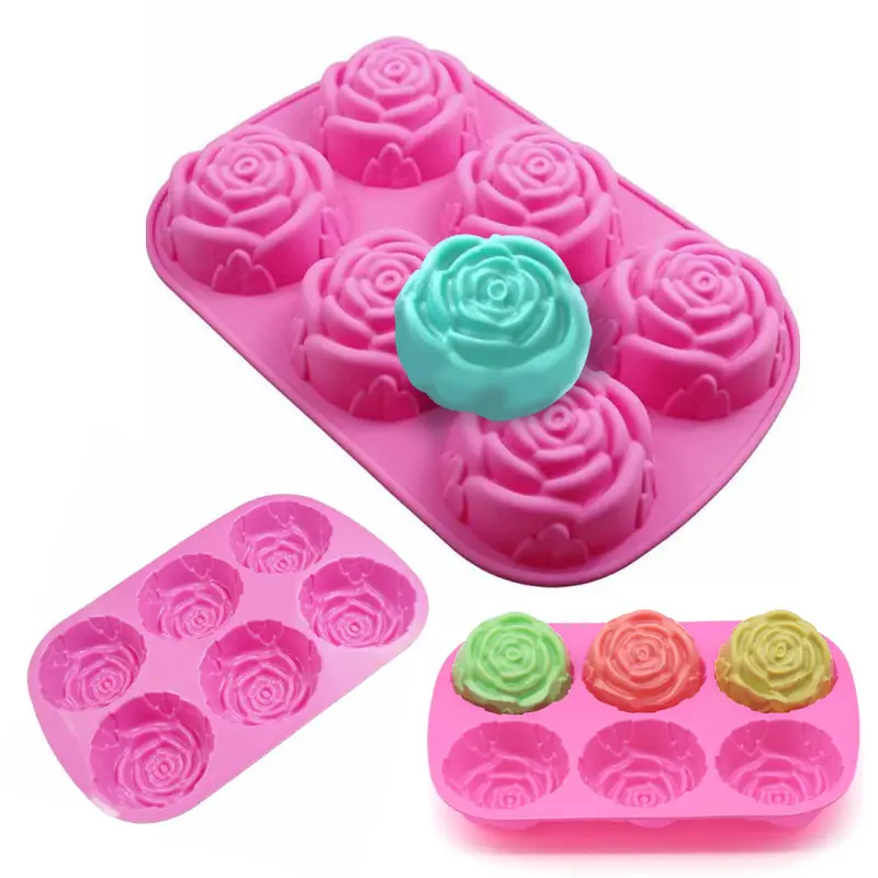 6 Cavity Baking Ice Cream Chocolate Handmade Mould 3D Valentine Rose Flower Silicone Cake Mold