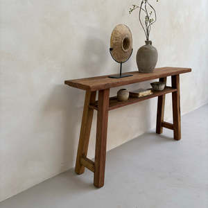 Antique Recycled Pine Wood Console Side Table <b>Space</b>-<b>Saving</b> Home Office <b>Desk</b> Furniture Metal Frame Shelf Living Room Dining Area - Product Image 4