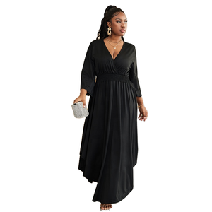 Elegant Plus Size Black Maxi Dress V-neck <b>Three</b> Quarter Sleeve A-line Asymmetrical Hem Wrap Tie Party Wear - Product Image 1
