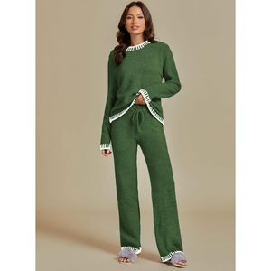2025, Conjunto de pijama cálido informal para mujer, conjunto a juego de dos piezas para ropa de salón, suéter de manga larga de punto borroso, ribete en contraste - Product Image 1
