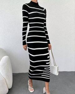 OEM & ODM <span class=keywords><strong>abito</strong></span> classico di alta qualità <span class=keywords><strong>nero</strong></span> alternato in <span class=keywords><strong>maglia</strong></span> bianca a collo alto manica lunga Slim Fit maglione a righe da donna Sexy - Product Image 2