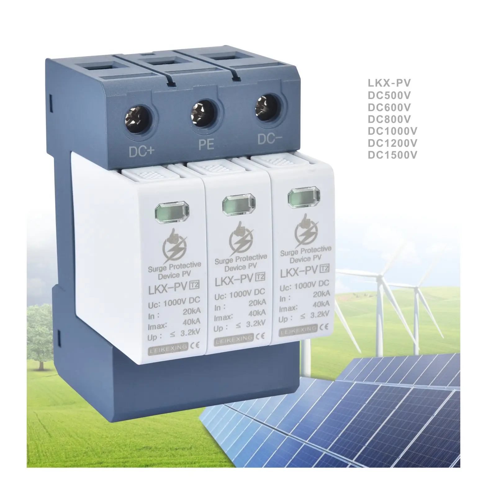 spd high quality pv surge protector device 1000V DC 2Poles 3Poles T2 20--40ka solar surge protective device