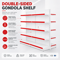Étagère Gondole Robuste Double Face en Métal Gris Clair avec Panneau Perforé et Bordure Rouge, 5 Niveaux Empilables pour Supermarché et Commerce de Détail
