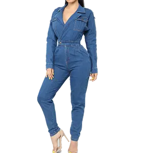 Combinaison décontractée en denim grande taille pour femmes avec manches longues barboteuses en jean respirant avec décoration de boutons - Product Image 1