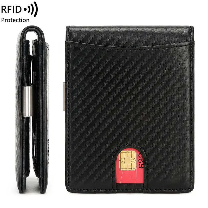 Dompet pria pemblokir RFID, dompet ramping serat karbon PU untuk pria