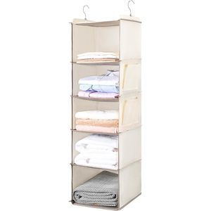 Organisateur de placard suspendu à 5 niveaux avec poches latérales, étagère de rangement pliable pour vêtements et serviettes de chambre à coucher, beige - Product Image 1